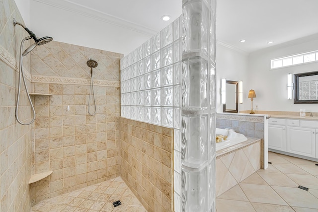 bathroom featuring ornamental molding, vanity, shower with separate bathtub, and tile patterned floors