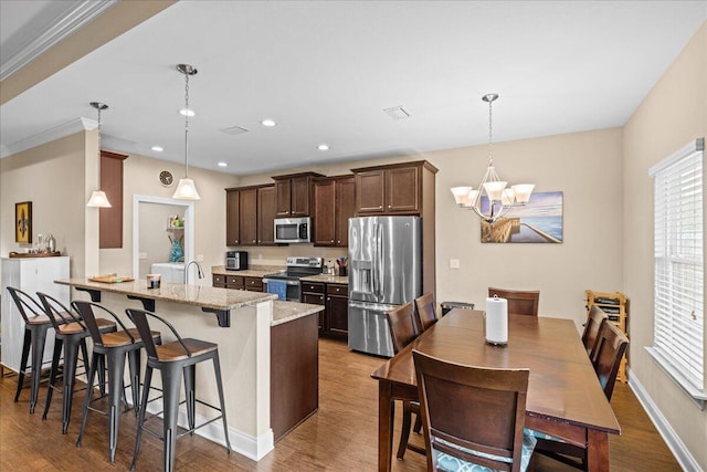 kitchen featuring light stone countertops, an island with sink, appliances with stainless steel finishes, and pendant lighting