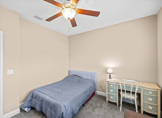 bedroom featuring a ceiling fan, carpet flooring, visible vents, and baseboards