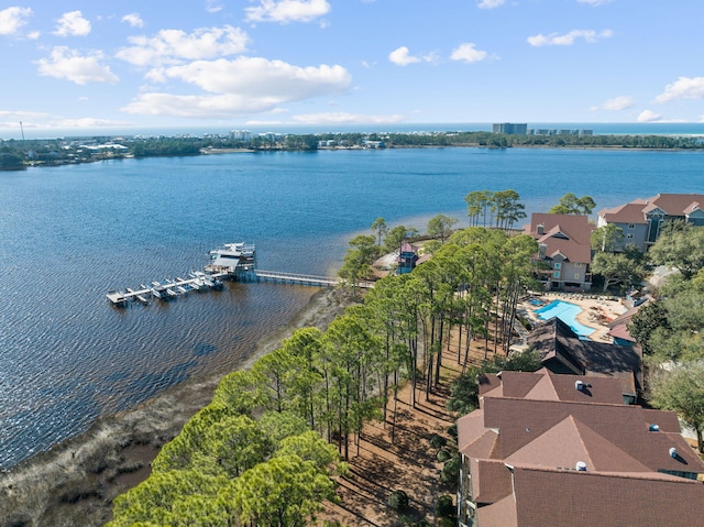 drone / aerial view featuring a water view