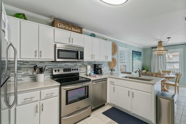 kitchen with white cabinetry, appliances with stainless steel finishes, sink, and hanging light fixtures