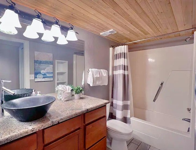 full bathroom featuring shower / bath combination with curtain, tile patterned flooring, vanity, toilet, and wooden ceiling