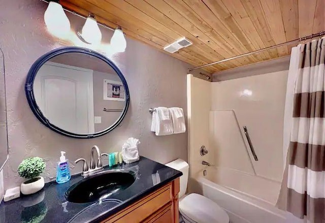 full bathroom featuring vanity, wood ceiling, toilet, and shower / bath combo with shower curtain