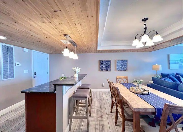 dining space featuring an inviting chandelier, wood ceiling, a raised ceiling, and light wood-type flooring