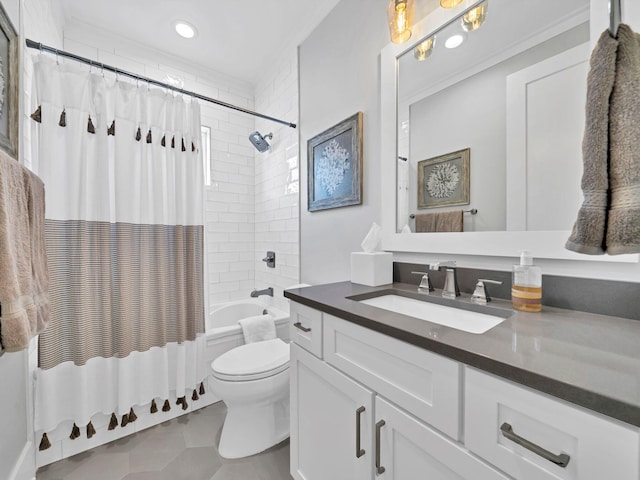 full bathroom featuring toilet, ornamental molding, vanity, and shower / bathtub combination with curtain