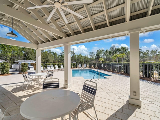 view of pool with a patio area and ceiling fan