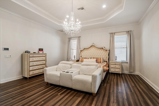 bedroom featuring a notable chandelier, crown molding, dark hardwood / wood-style floors, and a raised ceiling