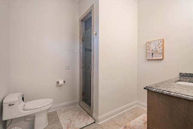 bathroom with vanity, an enclosed shower, tile patterned floors, and toilet