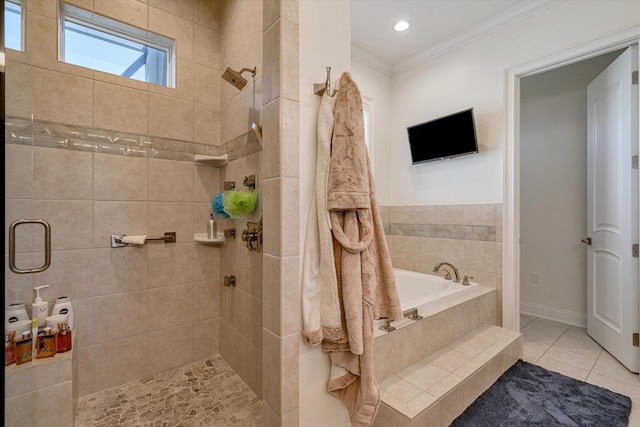 bathroom featuring crown molding, shower with separate bathtub, and tile patterned floors