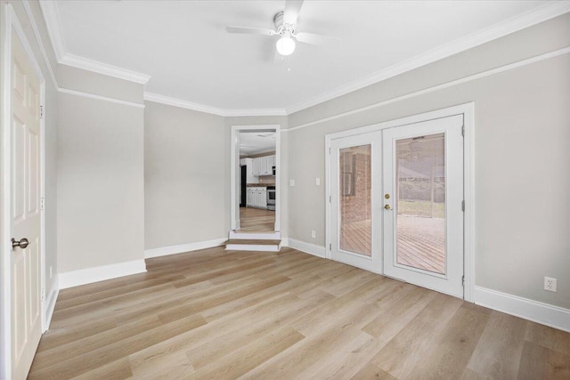2185 Calle De Castelar, Navarre, FL 32566 - empty room featuring french doors, ceiling fan, ornamental molding, and light wood-type flooring