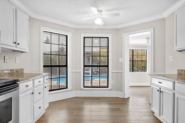 2185 Calle De Castelar, Navarre, FL 32566 - kitchen featuring dark wood-type flooring, stainless steel range with electric cooktop, ceiling fan, light stone countertops, and white cabinets