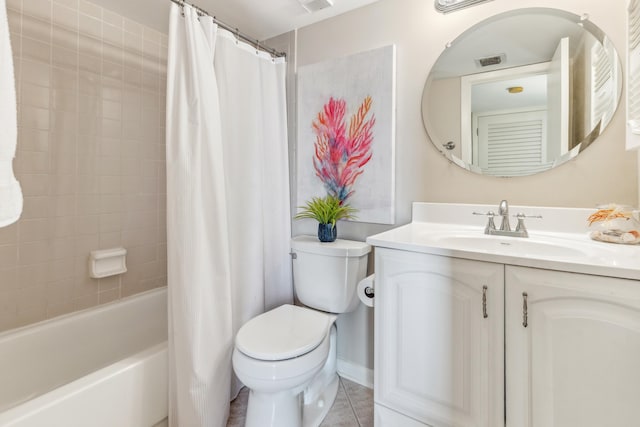 full bathroom featuring shower / bathtub combination with curtain, tile patterned floors, vanity, and toilet