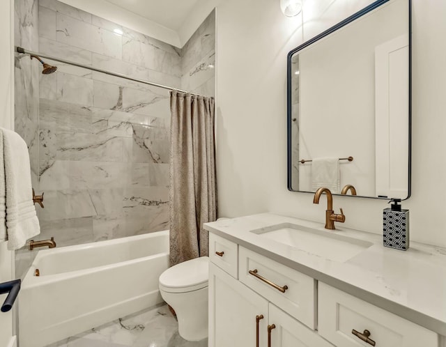 full bathroom with shower / tub combo, vanity, and toilet