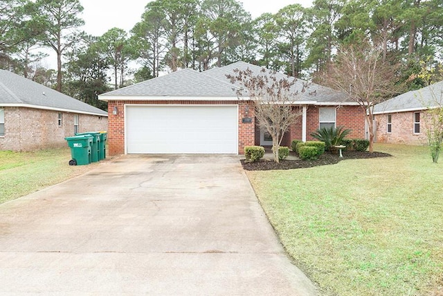 ranch-style house with a garage and a front lawn