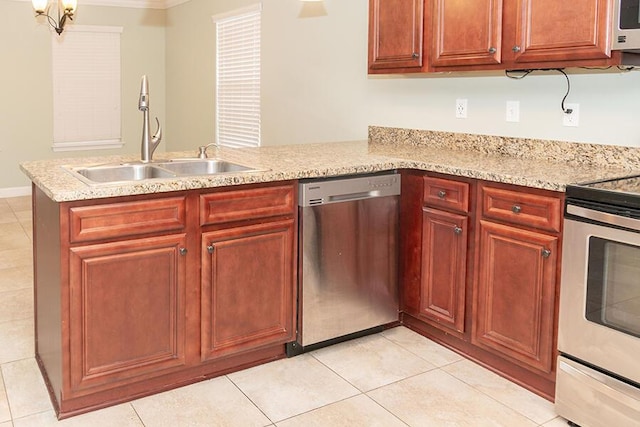 kitchen featuring light tile patterned flooring, sink, light stone counters, kitchen peninsula, and stainless steel appliances