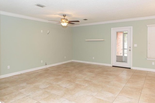 empty room with ornamental molding, a textured ceiling, and ceiling fan