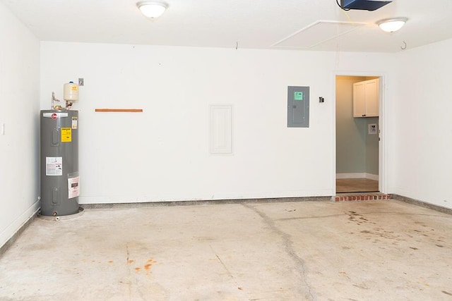 garage with a garage door opener, electric panel, and water heater