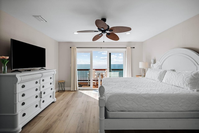 bedroom with visible vents, access to outside, recessed lighting, light wood finished floors, and baseboards