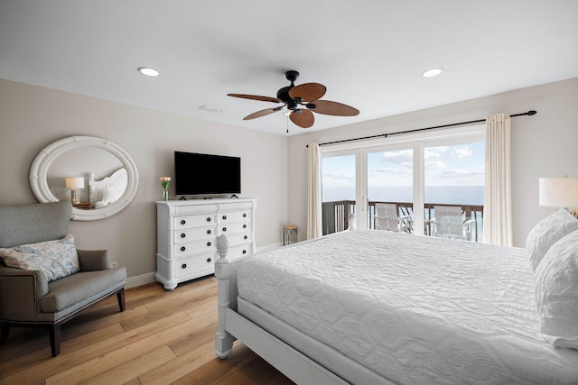 bedroom featuring recessed lighting, baseboards, light wood-style floors, and access to exterior