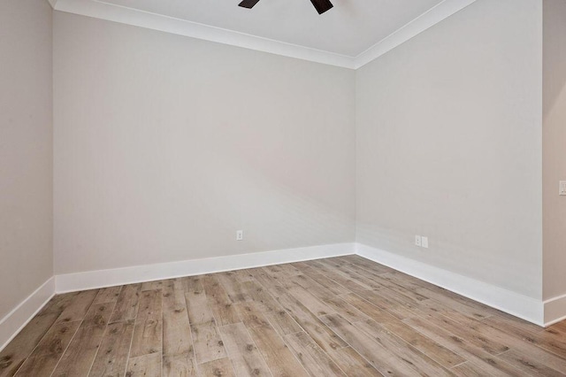 unfurnished room with crown molding, ceiling fan, and light hardwood / wood-style flooring