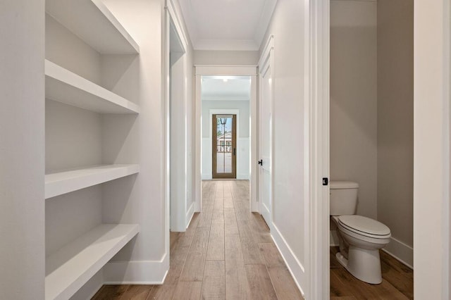 hallway with crown molding and light hardwood / wood-style flooring