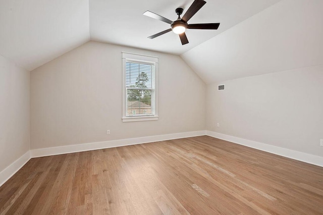 bonus room featuring lofted ceiling, light hardwood / wood-style flooring, and ceiling fan