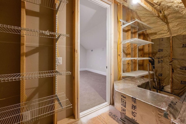 bathroom featuring lofted ceiling