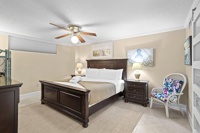 bedroom featuring ornamental molding, ceiling fan, a textured ceiling, and baseboards