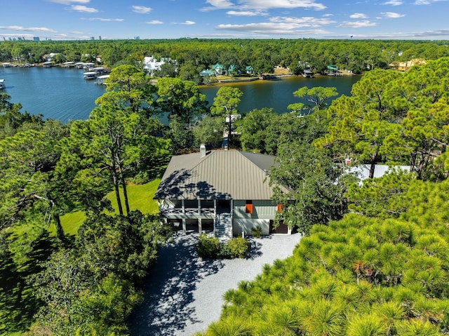 aerial view with a water view and a view of trees