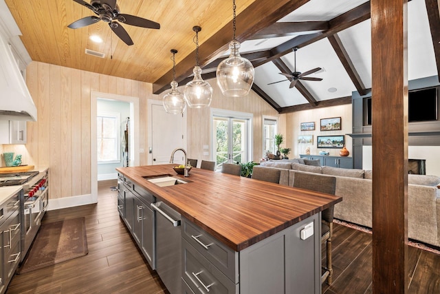 kitchen featuring an island with sink, stainless steel dishwasher, wooden counters, and a sink