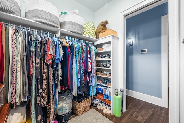 walk in closet featuring wood finish floors