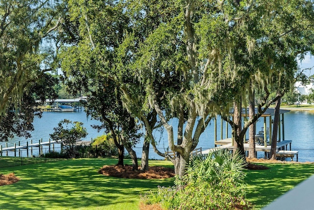 view of water feature with a boat dock