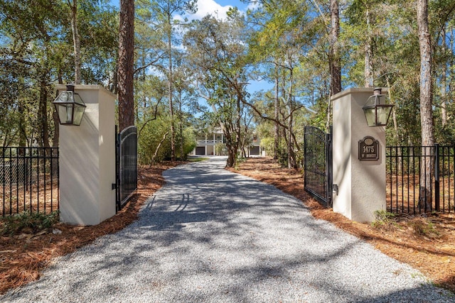 view of road with a gated entry, gravel driveway, and a gate