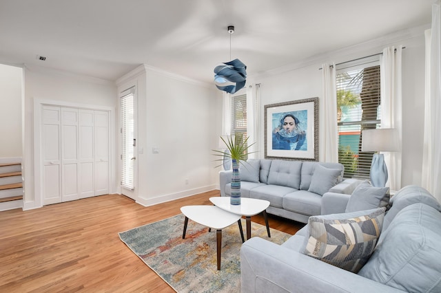 living room with crown molding, hardwood / wood-style floors, and a wealth of natural light