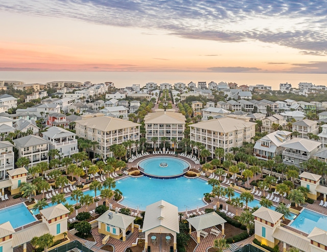 view of aerial view at dusk