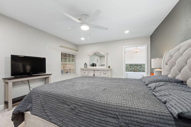 carpeted bedroom with recessed lighting, ceiling fan, and baseboards