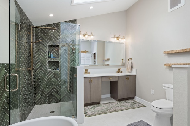 full bath with visible vents, toilet, vanity, a shower stall, and recessed lighting