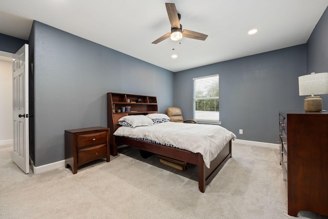 bedroom featuring baseboards, ceiling fan, recessed lighting, and light colored carpet