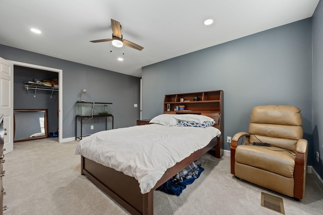 bedroom featuring baseboards, ceiling fan, recessed lighting, and light colored carpet