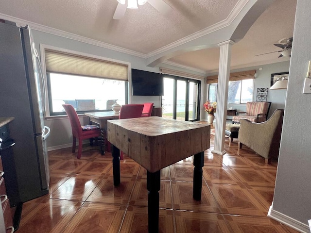 miscellaneous room featuring ceiling fan, a wealth of natural light, a textured ceiling, and ornate columns