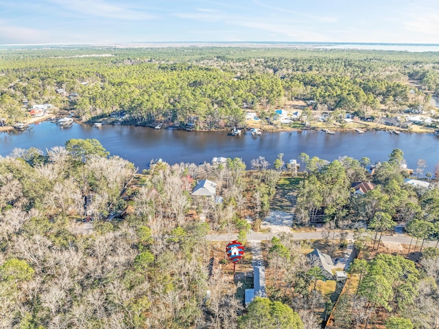 birds eye view of property with a water view and a forest view