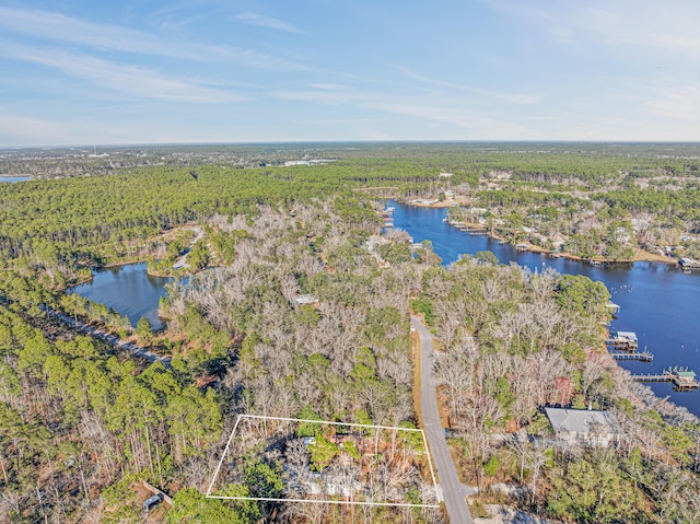 birds eye view of property with a water view and a wooded view