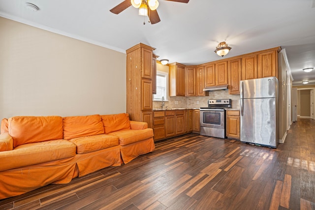 kitchen with decorative backsplash, dark wood-style flooring, stainless steel appliances, under cabinet range hood, and a sink