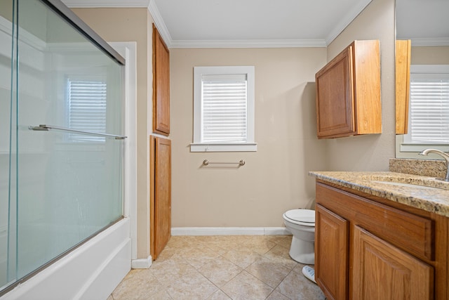 bathroom with toilet, baseboards, ornamental molding, and combined bath / shower with glass door