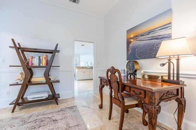 home office featuring ornamental molding and visible vents