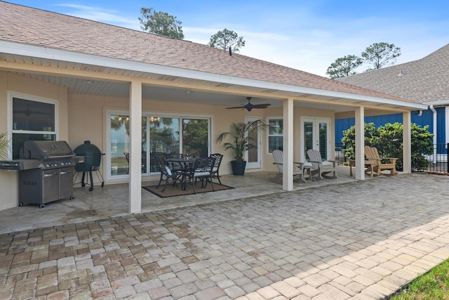 view of patio with ceiling fan, french doors, and area for grilling