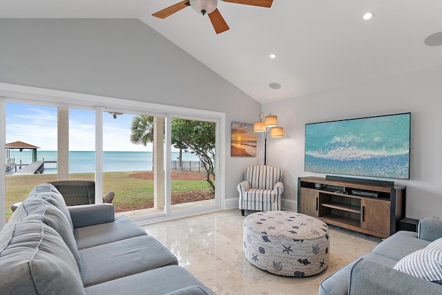 living area featuring marble finish floor, recessed lighting, high vaulted ceiling, and baseboards