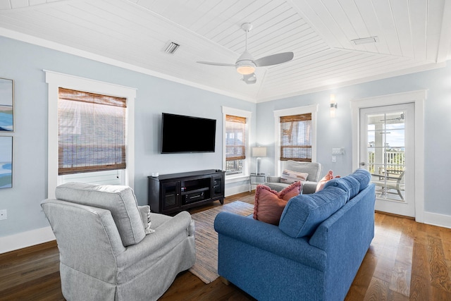 living room featuring plenty of natural light, dark wood-type flooring, and wooden ceiling