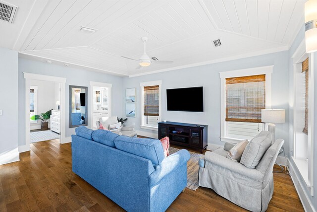 living room featuring vaulted ceiling, dark hardwood / wood-style floors, wooden ceiling, and ceiling fan