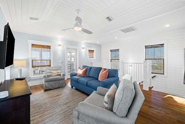 living room with wood ceiling, plenty of natural light, and dark hardwood / wood-style flooring